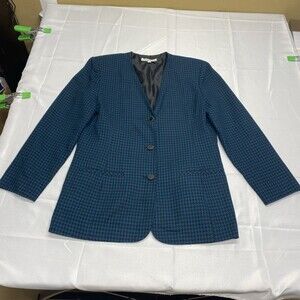 Parker Jones Vintage Teal Black Houndstooth Skirt Suit Set Blazer Skirt Size 12